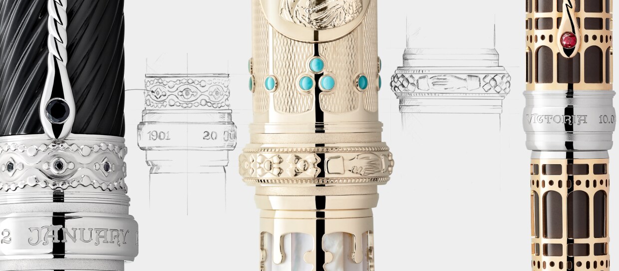 笔帽环精心雕刻浪漫细节，比如对方的名字、花卉图案以及他们的结婚日期或维多利亚女王的在位时长，旨在纪念这对皇室夫妇对彼此的深刻爱意。