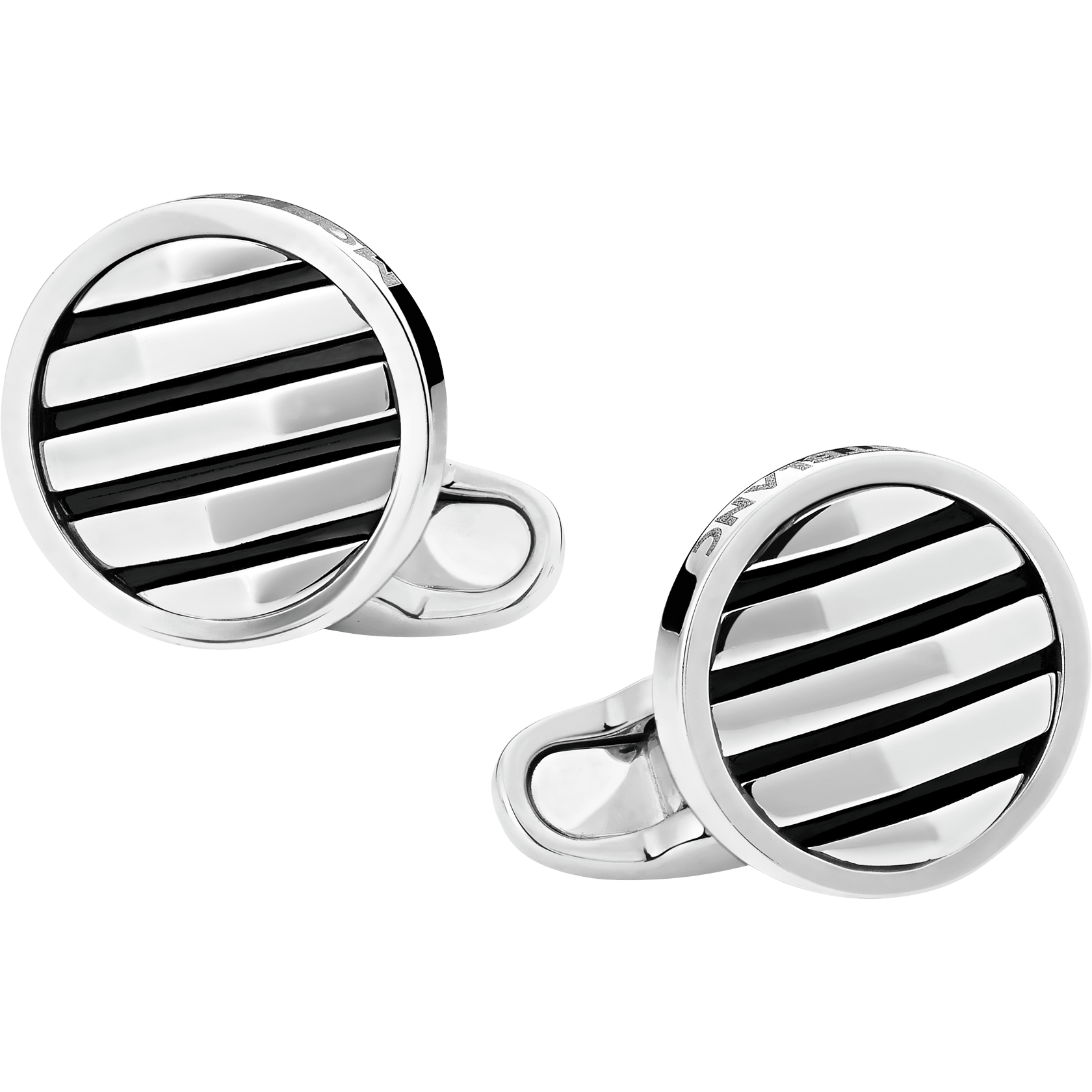 圆形纯银袖扣，搭配几何造型的嵌件