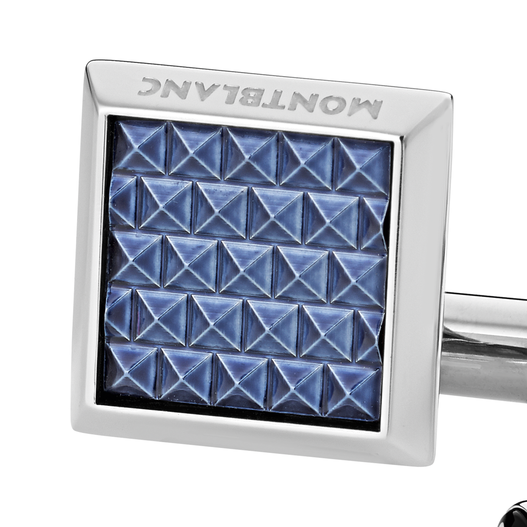 矩形精钢袖扣，搭配蓝色图案嵌件