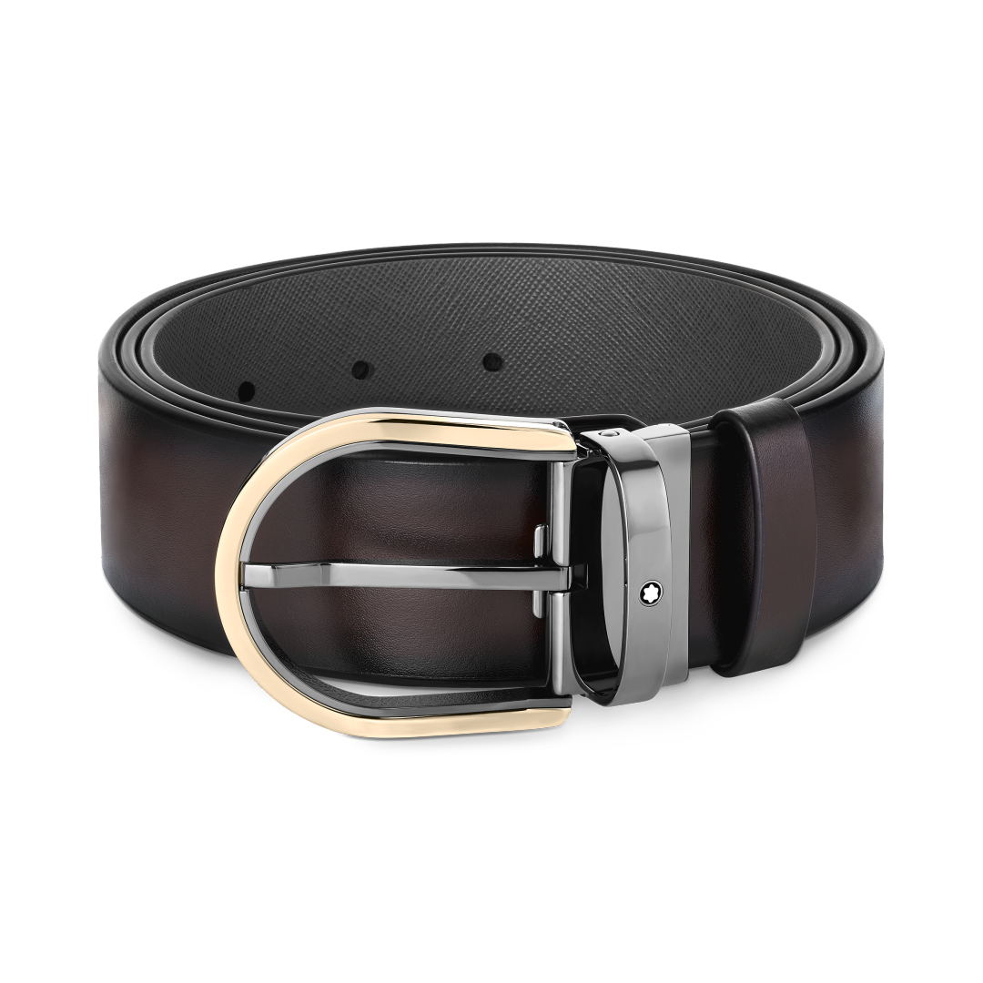万宝龙马蹄形带扣深棕色/灰色双面腰带（40毫米）