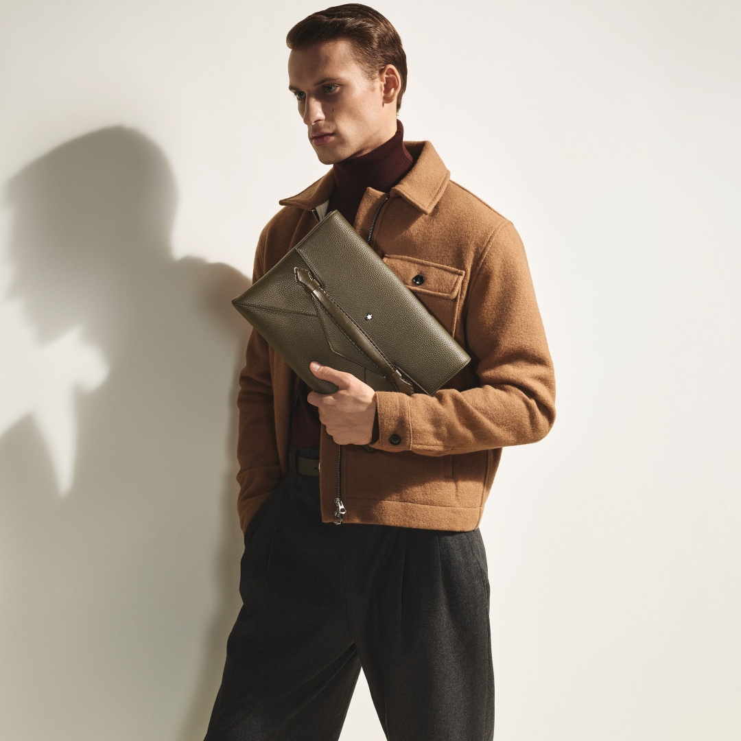 粒纹大号信封手袋 卡其绿